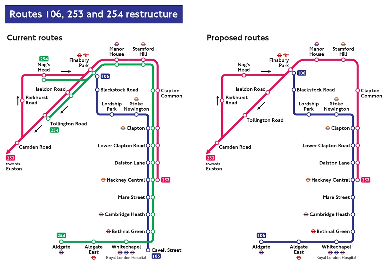 A map of the current 106 routes next to a reduced proposed map, with one of the lines removed.