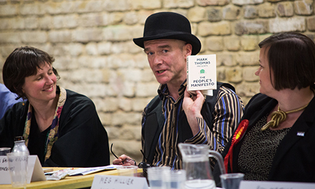 Hackney South candidates Charlotte George (Green party) and Russell Higgs (Independent) at the Hackney Citizen's General Election hustings at the Arcola Theatre. Photograph: Eleonore de Bonneval