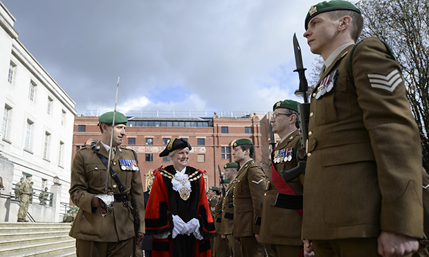 Speaker Rosemary Sales greets the battalion