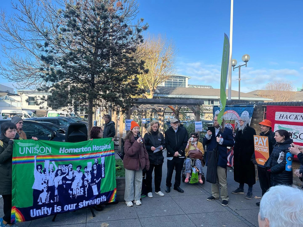 Jeremy Corbyn with resident doctors outside Homerton University Hospital