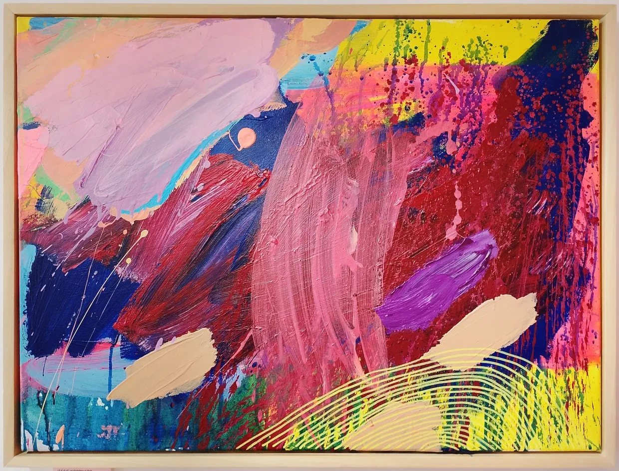 Colourful abstract painting with large strokes.