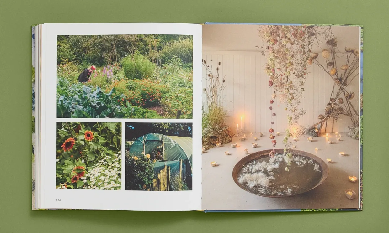 Photo of double page spread from book. Pictures of gardens and an indoor installation