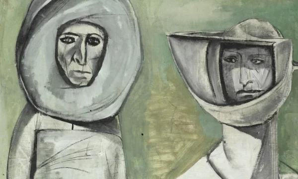 Abstract painting of two people in suits.