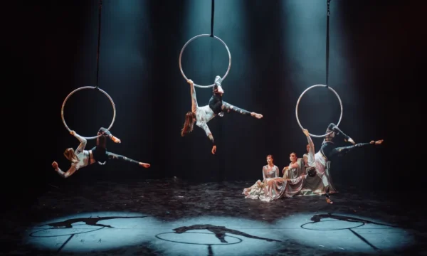 Three performers dangle acrobatically from aerial hoops.
