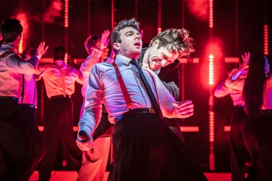 Jack Butterworth and Arty Froushan in American Psycho, Almeida Theatre. Photograph: Marc Brenner