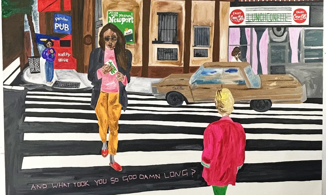 A colourful painting of a streetscape