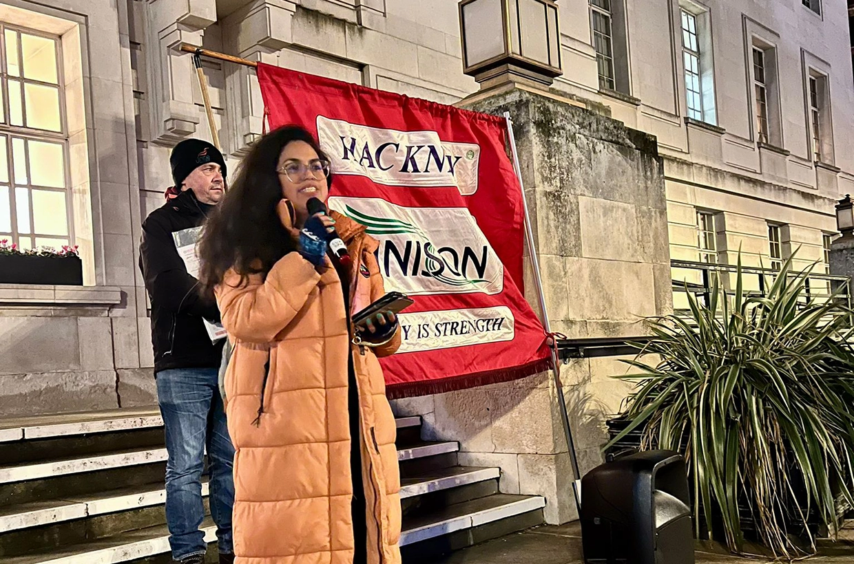 Cllr Claudia Turbet-Delof speaking outside Hackney Town Hall