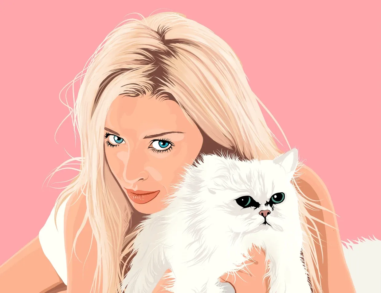 Graphic design of Dani Minogue cuddling a fluffy, white cat.