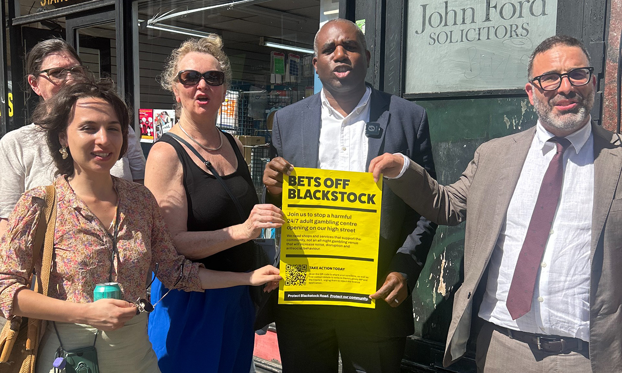 Photograph of David Lammy with Bets Off Blackstock campaigners