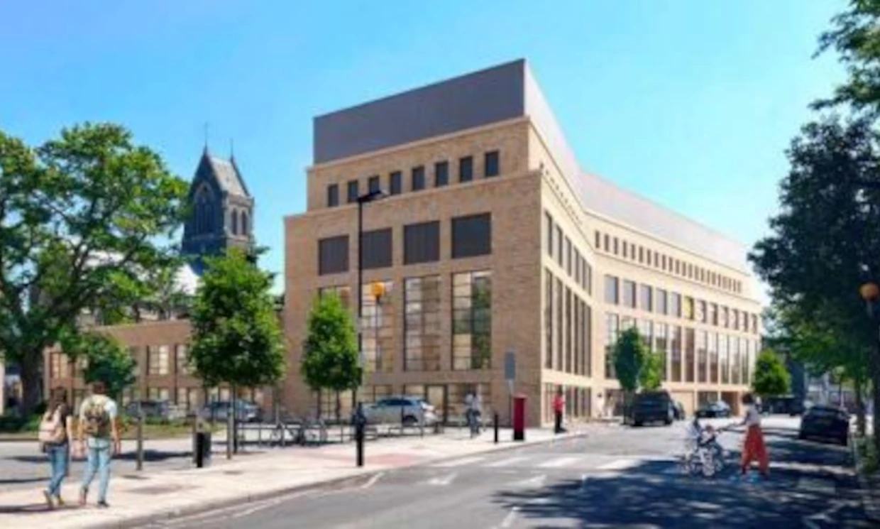 A graphic rendering of what Anvil House would have looked like, a large imposing building set onto a street