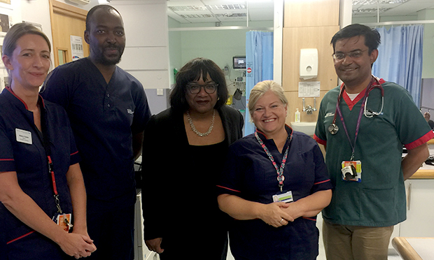 Diane Abbott with Homerton University Hospital chief nurse, Director of Governance, Head of Midwifery, Director, and the head of A&E