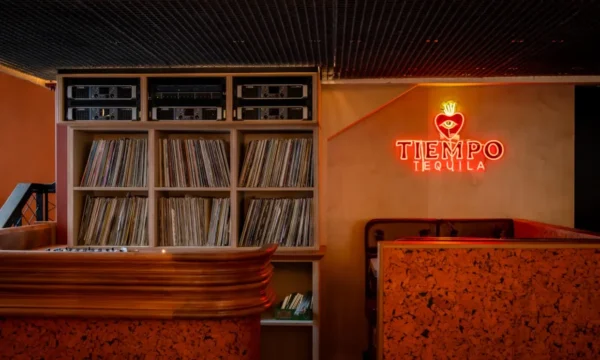 The DJ booth at the Tavern, featuring a large record collection.
