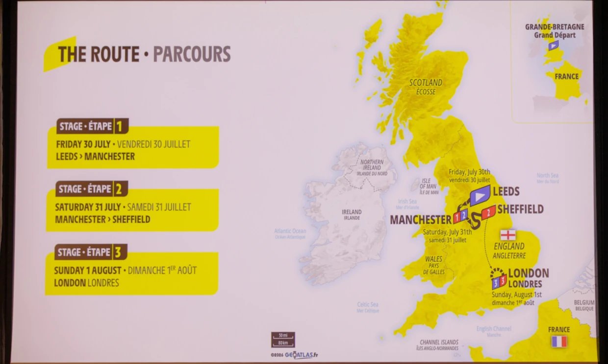 Route map across UK, stopping at Manchester, Leeds, Sheffield and London.
