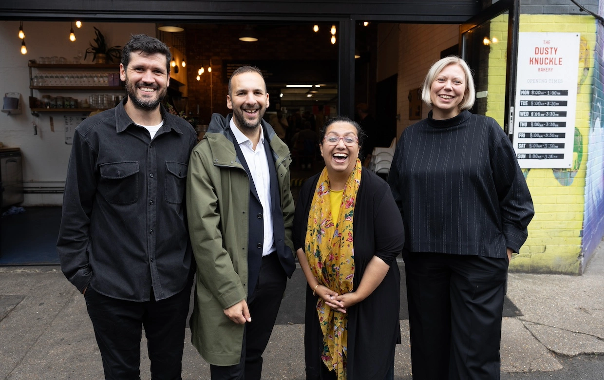 Hina Bokhari (centre-right) pictured with Green Party leader Zack Polanski (centre-left) and Sian Williams (far right) outside the Dusty Knuckle
