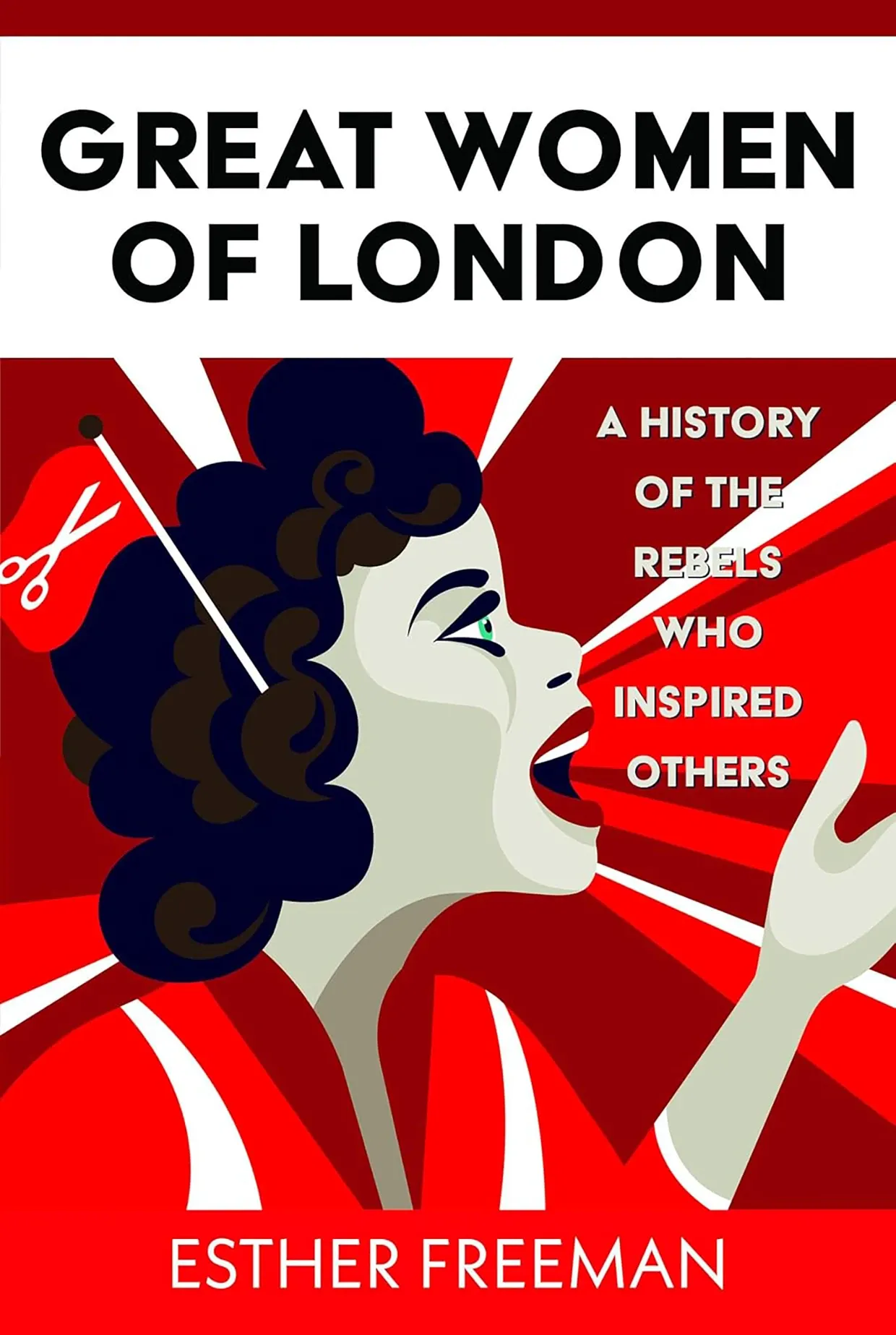 Book cover, with a cartoon war-style woman shouting as the background