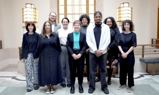 Photograph of Hackney Council's new Mayor and her cabinet picks: (L-R) Abi Kingston, Sam Mathys, Alastair Binnie-Lubbock, Florence Schechter, Zoë Garbett, Rachel Nkiessu-Guifo, Dylan Law, Soraya Adejare and Laura Louise-Fairley.