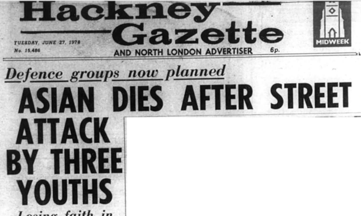 An old article from 1978, it reads "Asian Dies After Street Attack by Three Youths".