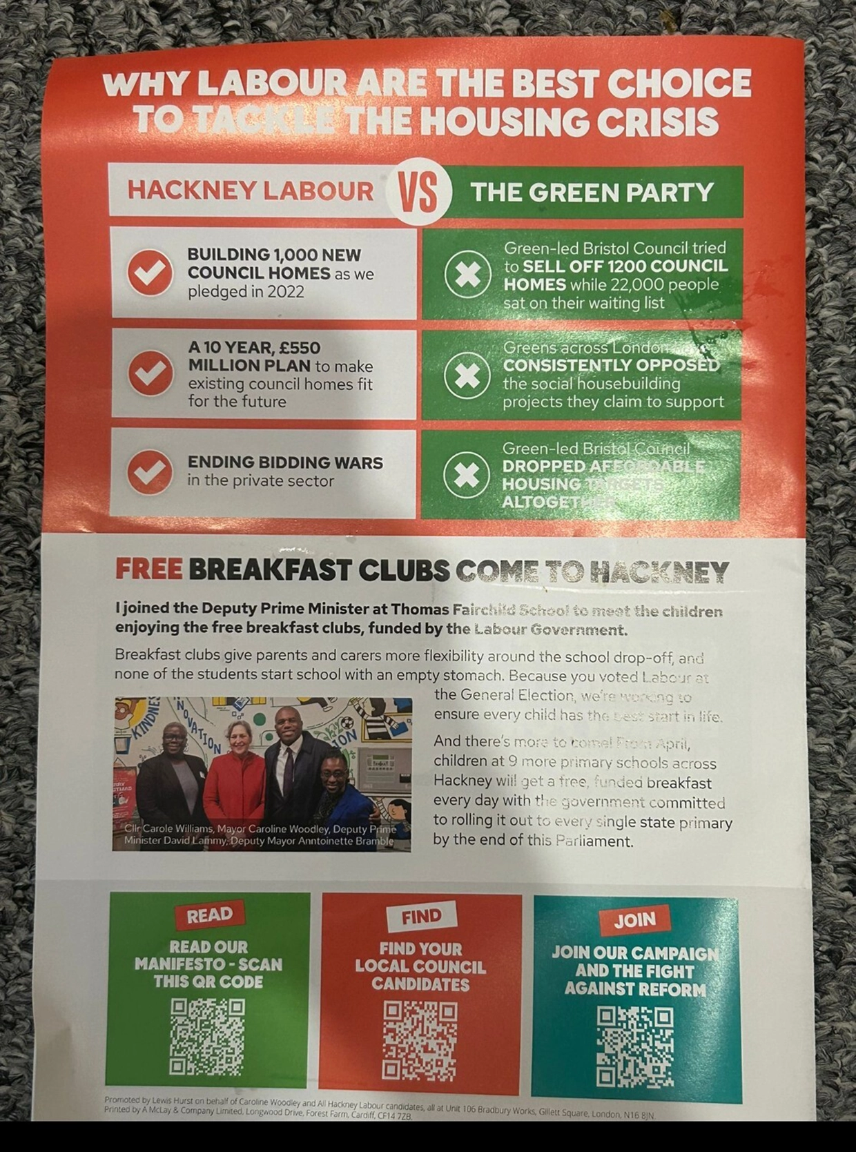Photograph of the Hackney Labour party leaflet