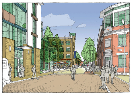 Hackney Wick Looking East Artist impression: Hackney Wick - looking east along Wallis Road (at the junction of Berkshire Road and Felstead Street)