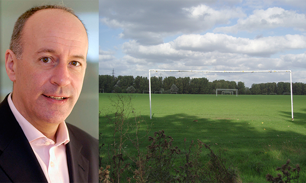 Row: Mayor Jules Pipe supports football pitches on Hackney Marshes.