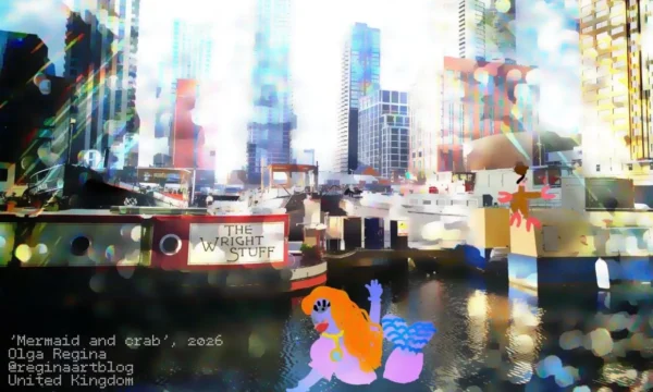 A photograph of Canary Wharf. An animated mermaid waves from the water, while an animated crab features near one of the boats.