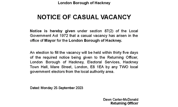 Notice of Mayoral vacancy