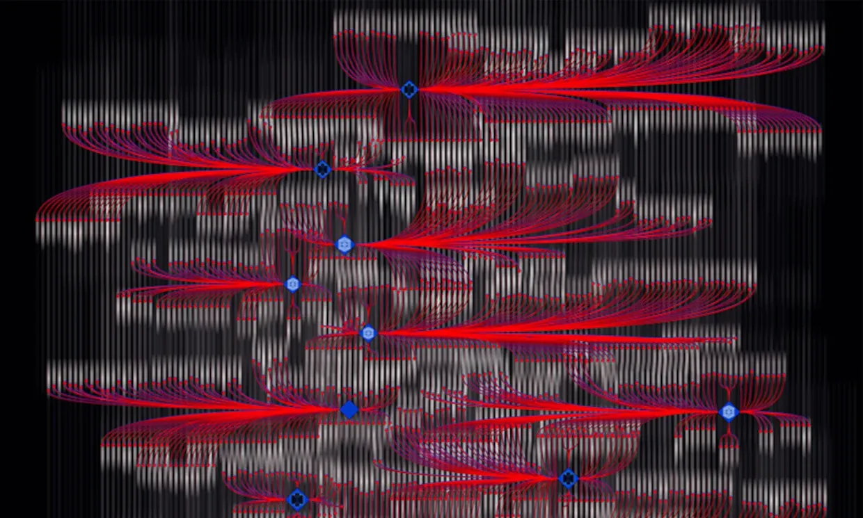 Abstract piece of art, made up of an assortment of red and white lines on a black background.