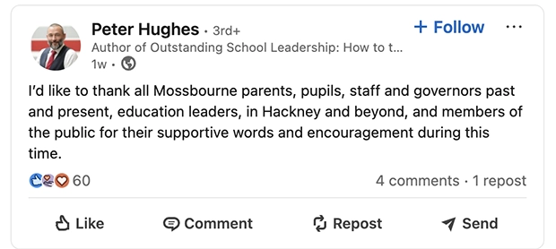 Peter Hughes Mossbourne LinkedIn message