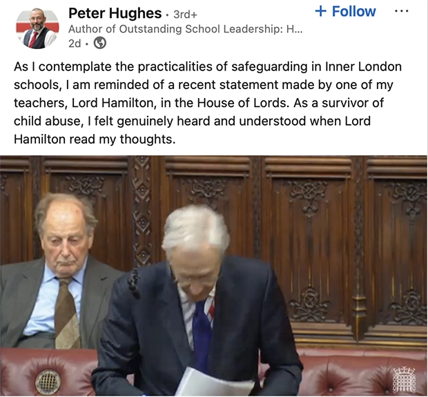 Peter Hughes Mossbourne quotes Lord Hampton in Parliament