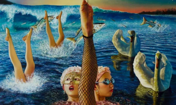 A surreal painting with women in the foreground with an outstretched leg wearing fishnet tights. Swans swim beside them, and fish are jumping out of the water.