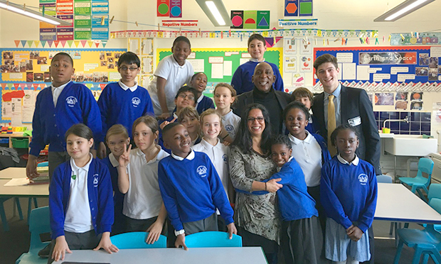 Queensbridge Primary School pupils with Shobu Kapoor and Colin McFarlane