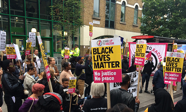 A Hackney Stand up to Racism speaker addresses the crowd