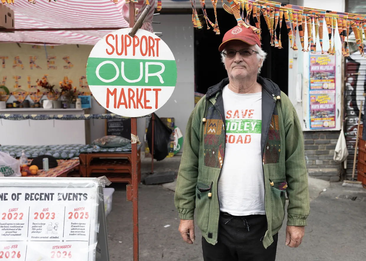 Campaigner David Owen outside the occupied shopping village