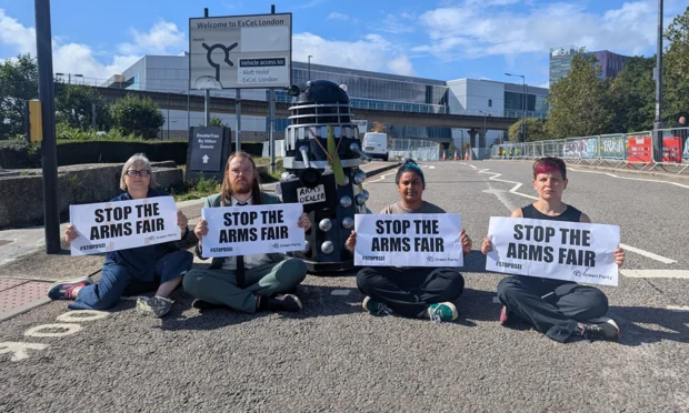 Green party London Assembly Members and councillors protest against DSEI arms fair
