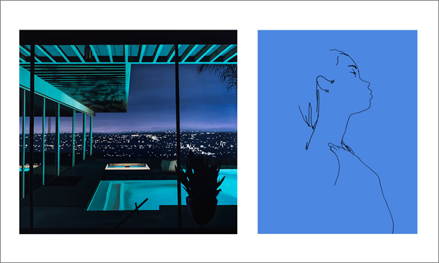 (L) Night Pool II by Laurence Jones. Acrylic and ink on linen. 136 x 145cm. £4,500. RHG NYC. (R) B - Looking Up by Ed Hodgkinson. Pigment print on Hahnemuhle Photorag. 76 x 59cm. TAG Fine Arts