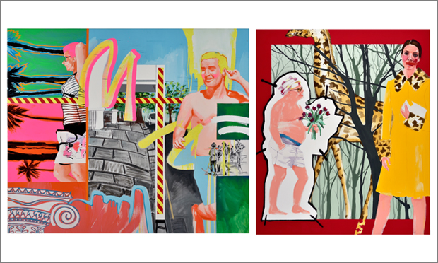 (L) David by Stella Kapezanou. Oil and acrylic on canvas. 170 x 210cm. £3,900. (R) The Girl in Miu Miu by Stella Kapezanou. Oil and acrylic on canvas. 210 x 170cm. £3,900