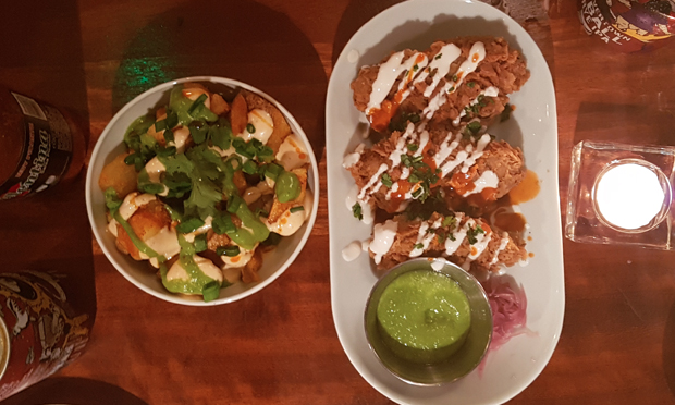 The 'chicken' wings and cubed aubergine at Club Mexicana.