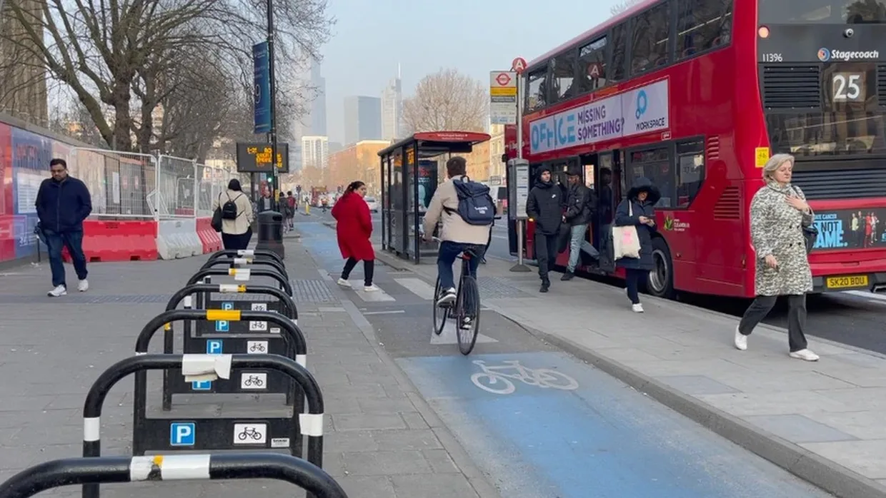 Photograph of a bus stop bypass or 'floating bus stop'