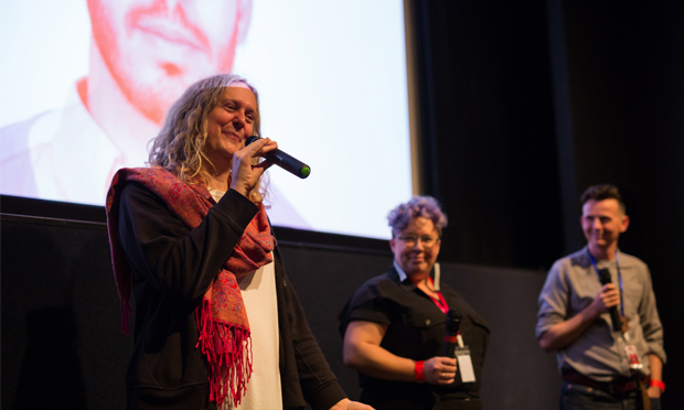 Talking shop: Muffin Hix and Kai Fiain from the festival discuss The Misandrists with academic Mijke Drift. Photograph: Fringe! Queer Film and Arts Festival
