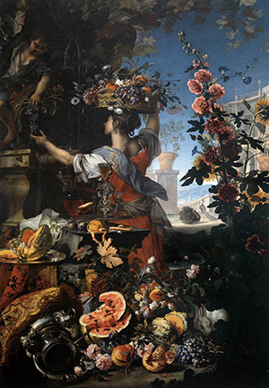 Flowers, Fruit with a Woman Picking Grapes by Christian Berentz (1689). Image: Wikimedia Commons