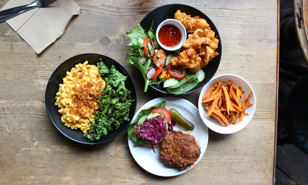 A typical modern vegan meal, courtesy of Hackney’s Cafe SoVegan. Photograph: Jade King