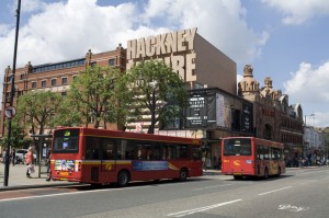 236 bus on Mare Street Mare Street, outside the Town Hall and Hackney Empire