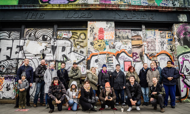 Simon and another tour group - this time on a photowalk in Hackney Wick. Photograph: Frank Da Silva 