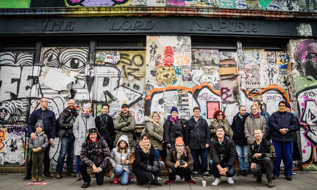 Simon and another tour group - this time on a photowalk in Hackney Wick. Photograph: Frank Da Silva