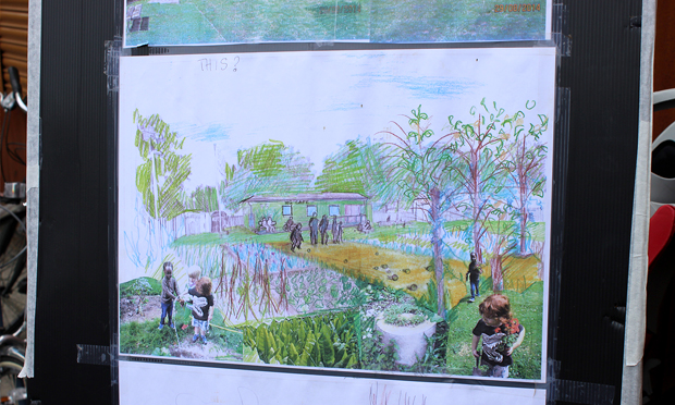 Pencil it in: a collage of how the bowling green area could look, by Hackney Community Gardeners’ Myra Heller. Photograph: Andrew Barnes