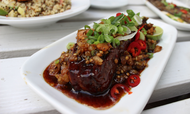 Flamed pork rib, apple cider, treacle, peanuts & coriander