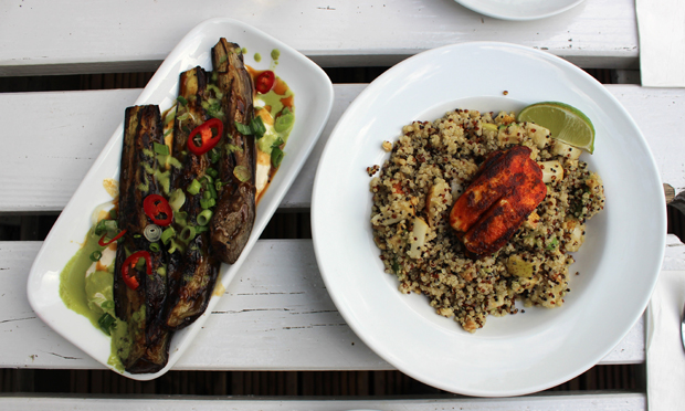 The aubergine and quinoa dishes. Photograph: Jade King