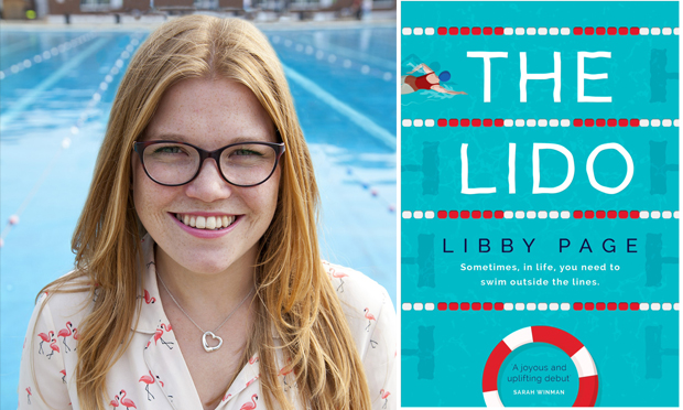 Author Libby Page and her watery novel The Lido. Photograph: Natalie Dawkins. Cover shot: Orion