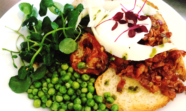 Grilled crispy pancetta, with trimmings. Photograph: Victoria Seabrook