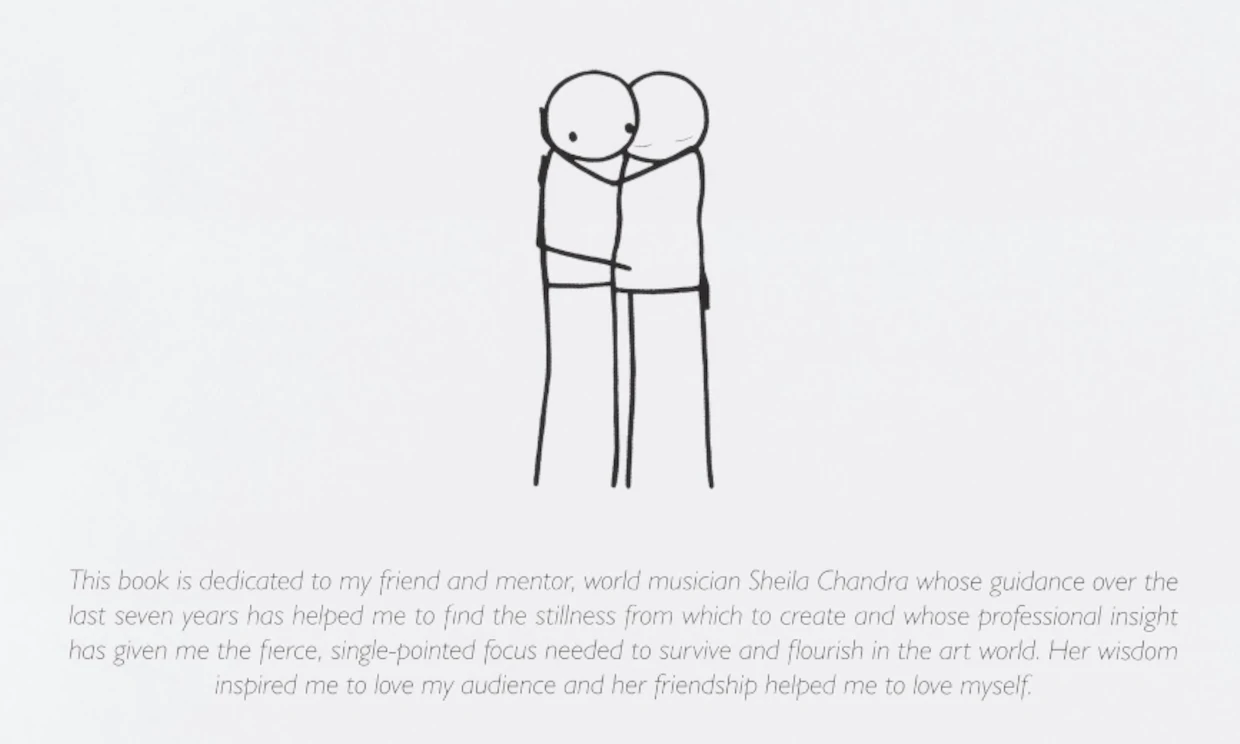 An image of stick men hugging and a dedication to Sheila Chandra